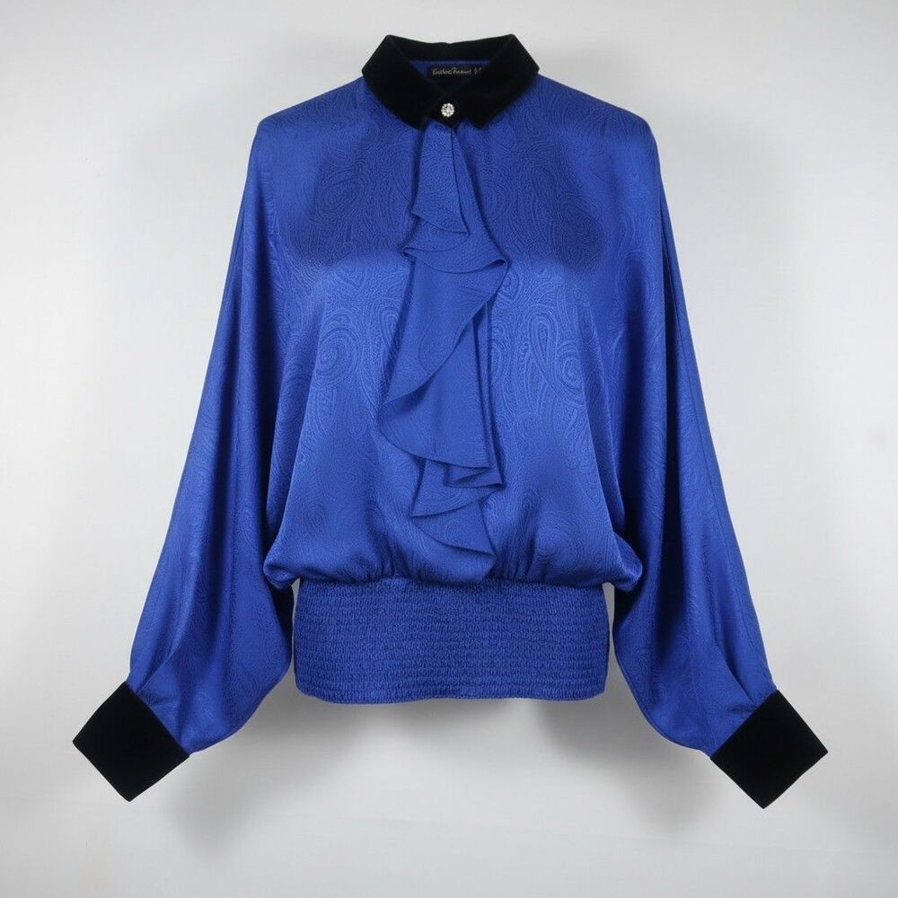 Vintage Louis Feraud Silk Blouse Blue Paisley Velvet Trim Crystal Buttons 14